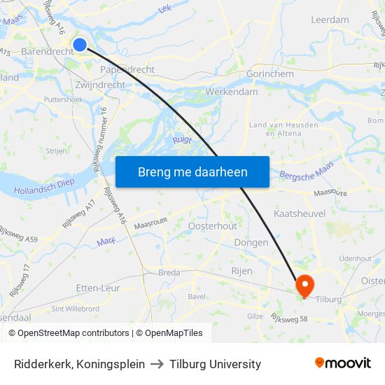 Ridderkerk, Koningsplein to Tilburg University map