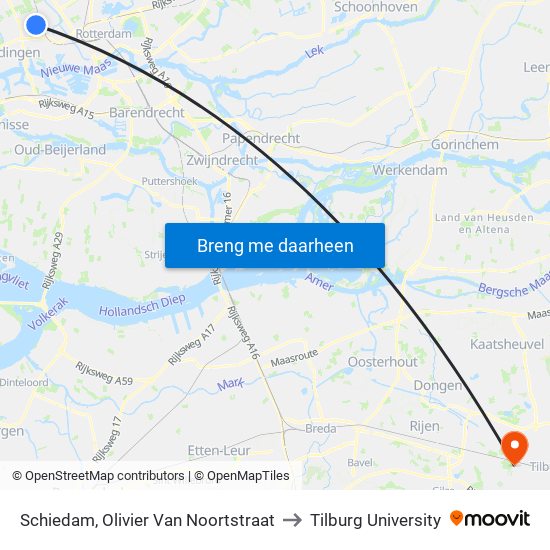 Schiedam, Olivier Van Noortstraat to Tilburg University map