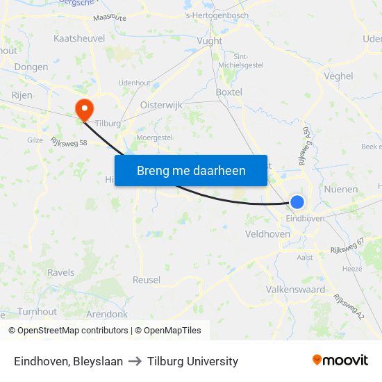 Eindhoven, Bleyslaan to Tilburg University map