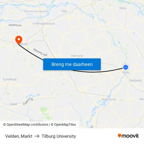 Velden, Markt to Tilburg University map