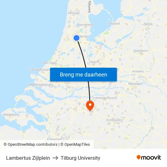 Lambertus Zijlplein to Tilburg University map