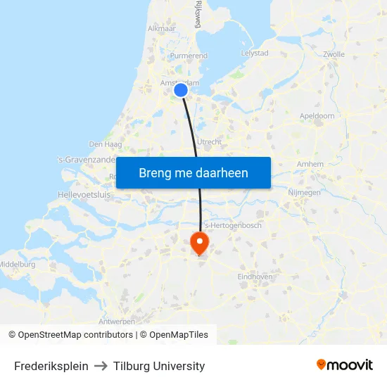Frederiksplein to Tilburg University map