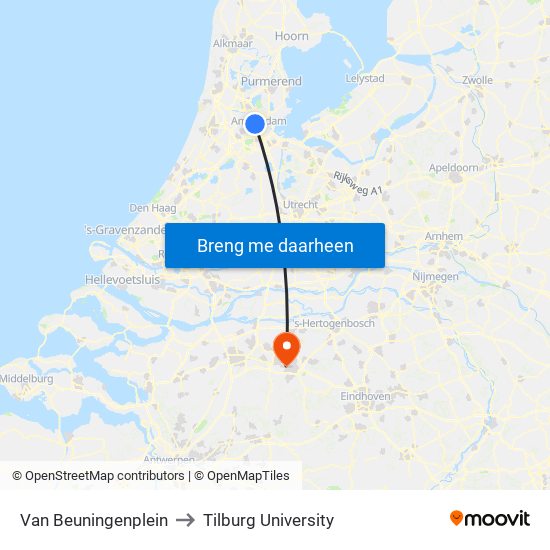 Van Beuningenplein to Tilburg University map