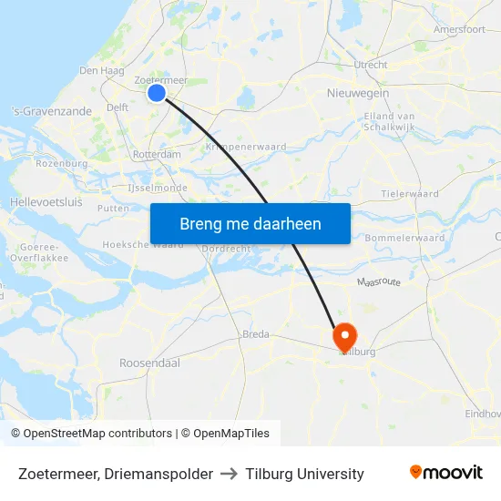 Zoetermeer, Driemanspolder to Tilburg University map