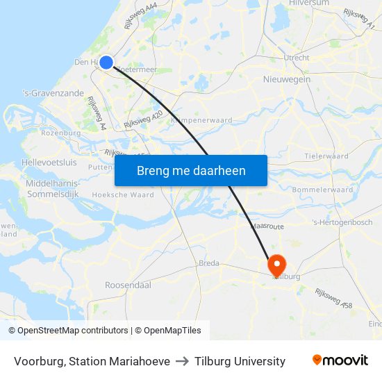 Voorburg, Station Mariahoeve to Tilburg University map