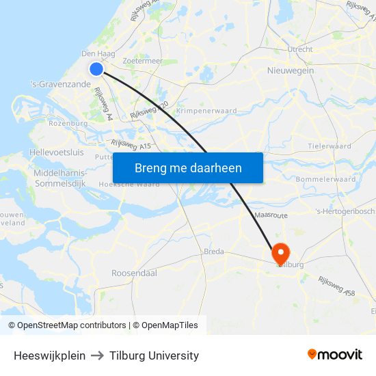 Heeswijkplein to Tilburg University map
