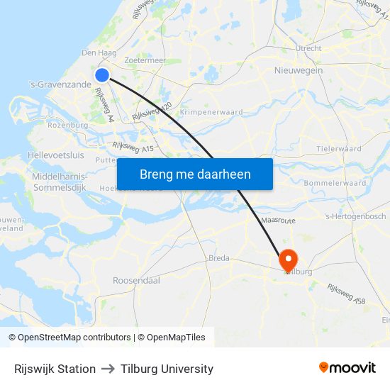 Rijswijk Station to Tilburg University map