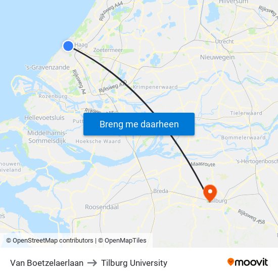 Van Boetzelaerlaan to Tilburg University map