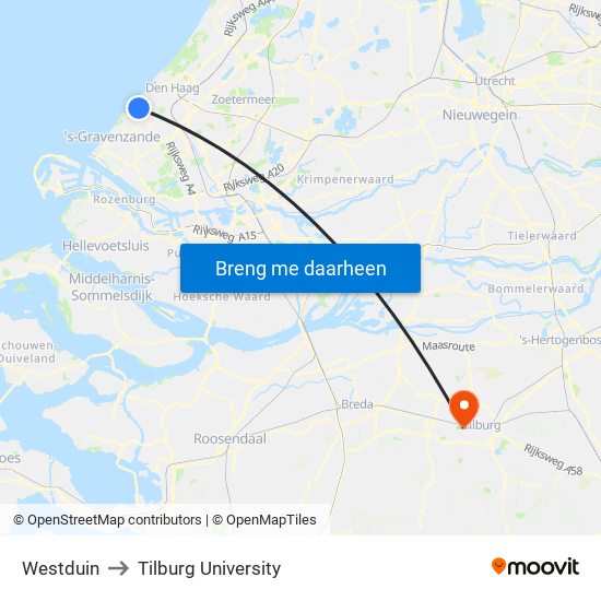 Westduin to Tilburg University map