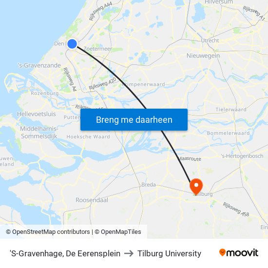 'S-Gravenhage, De Eerensplein to Tilburg University map