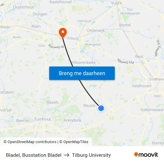 Bladel, Busstation Bladel to Tilburg University map