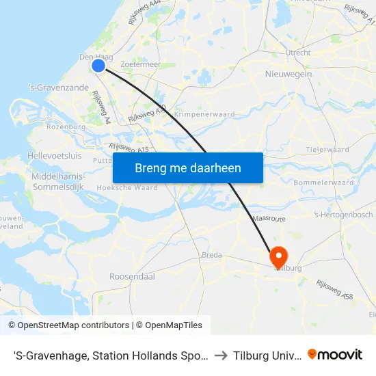 'S-Gravenhage, Station Hollands Spoor (Perron B) to Tilburg University map