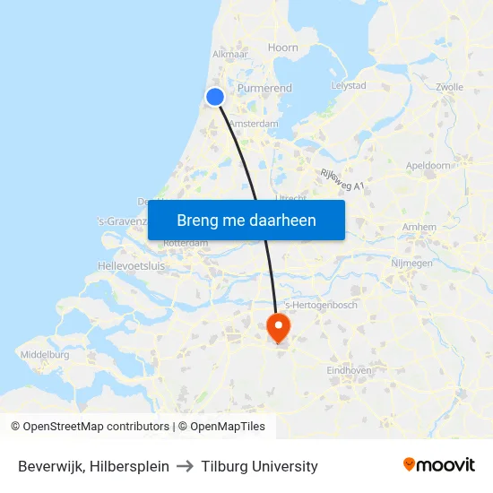 Beverwijk, Hilbersplein to Tilburg University map