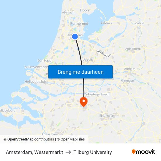 Amsterdam, Westermarkt to Tilburg University map