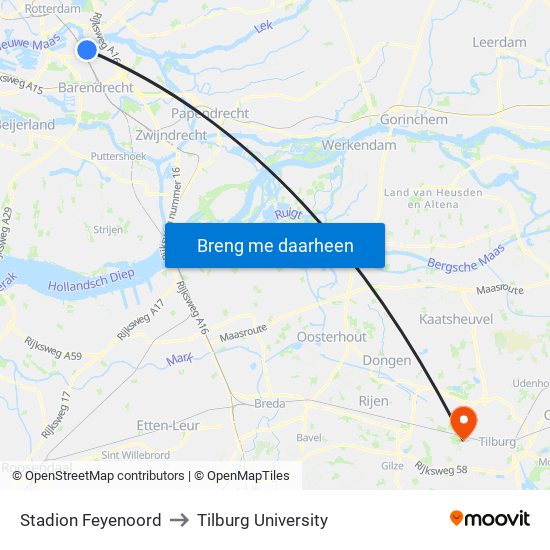 Stadion Feyenoord to Tilburg University map