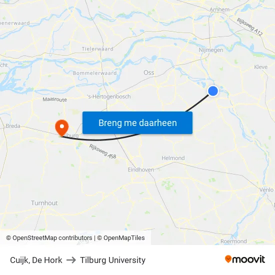 Cuijk, De Hork to Tilburg University map