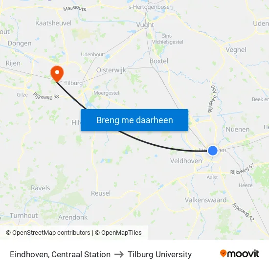 Eindhoven, Centraal Station to Tilburg University map