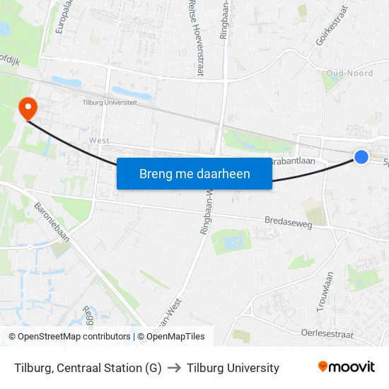 Tilburg, Centraal Station (G) to Tilburg University map