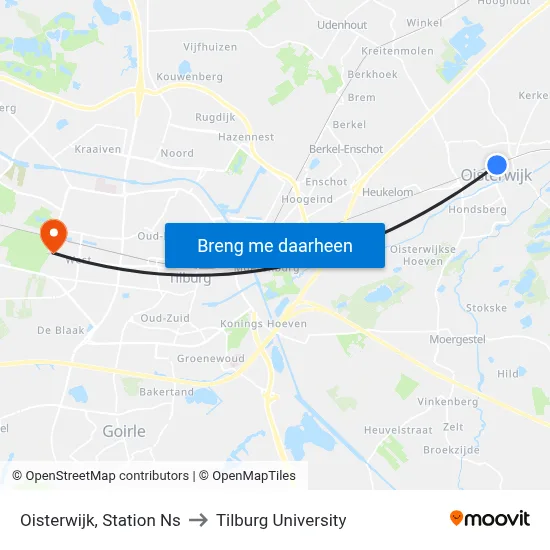 Oisterwijk, Station Ns to Tilburg University map