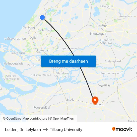 Leiden, Dr. Lelylaan to Tilburg University map