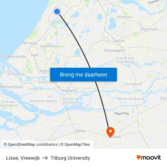 Lisse, Vreewijk to Tilburg University map