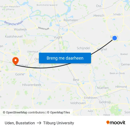 Uden, Busstation to Tilburg University map