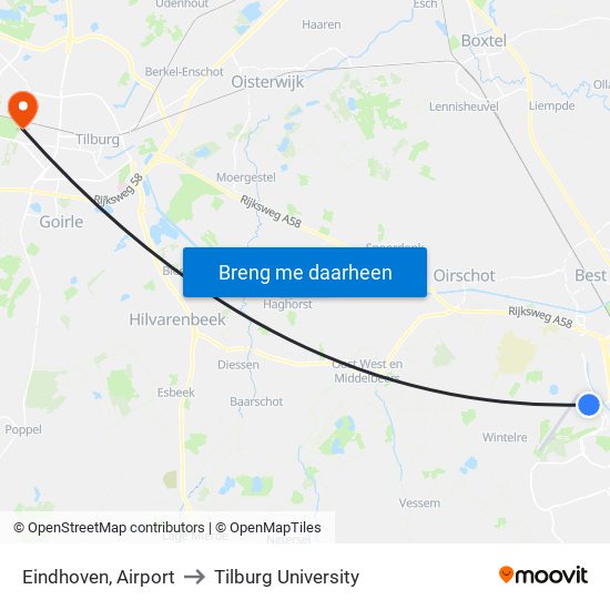 Eindhoven, Airport to Tilburg University map