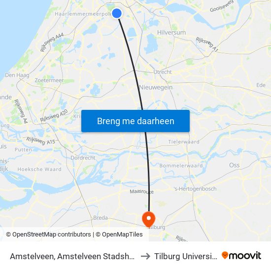 Amstelveen, Amstelveen Stadshart to Tilburg University map