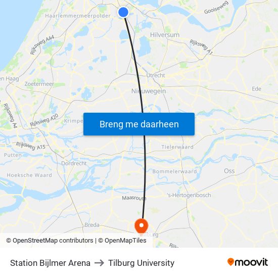 Station Bijlmer Arena to Tilburg University map