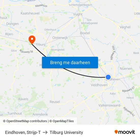 Eindhoven, Strijp-T to Tilburg University map