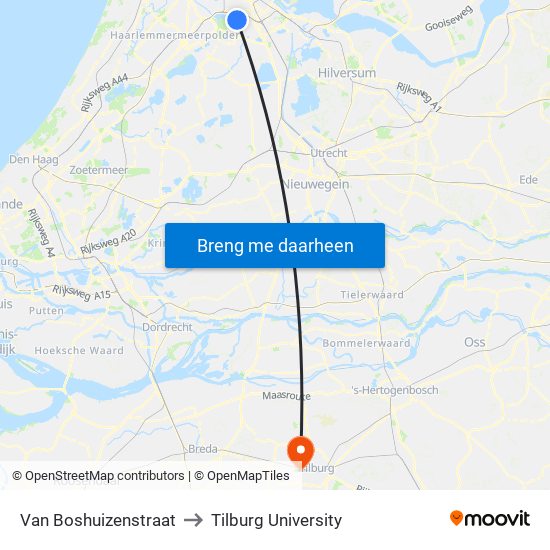 Van Boshuizenstraat to Tilburg University map