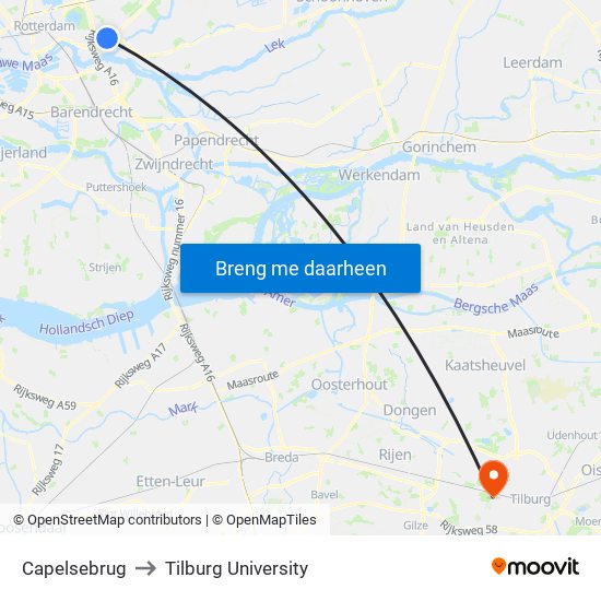 Capelsebrug to Tilburg University map
