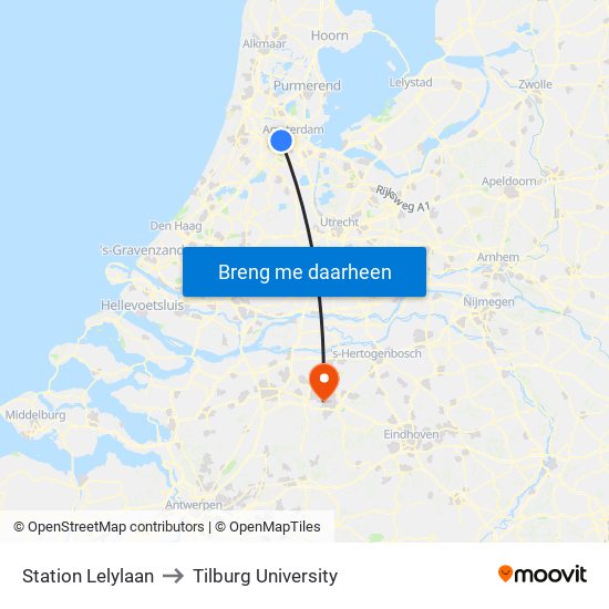 Station Lelylaan to Tilburg University map