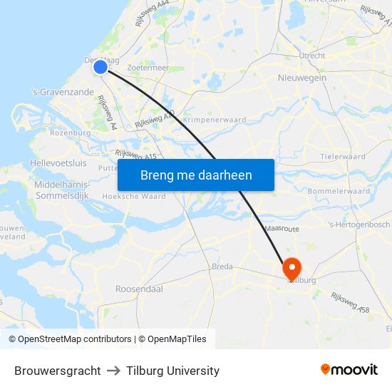 Brouwersgracht to Tilburg University map