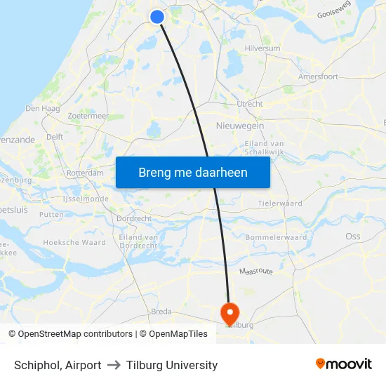 Schiphol, Airport to Tilburg University map