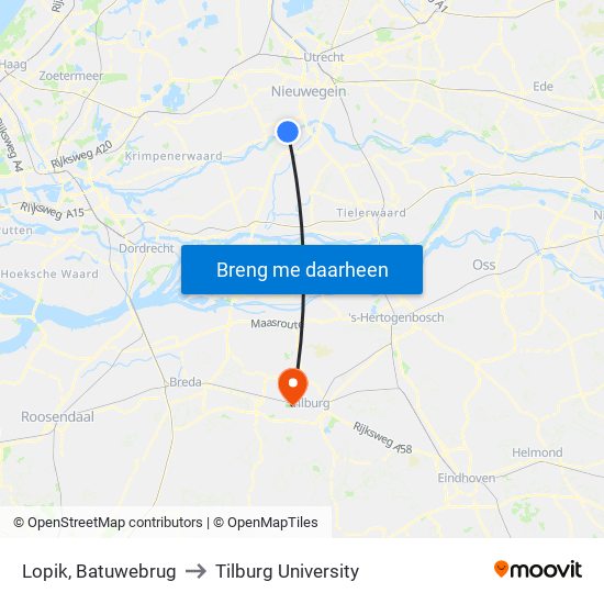 Lopik, Batuwebrug to Tilburg University map