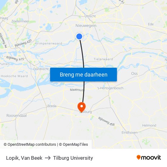 Lopik, Van Beek to Tilburg University map
