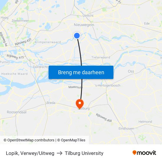 Lopik, Verwey/Uitweg to Tilburg University map