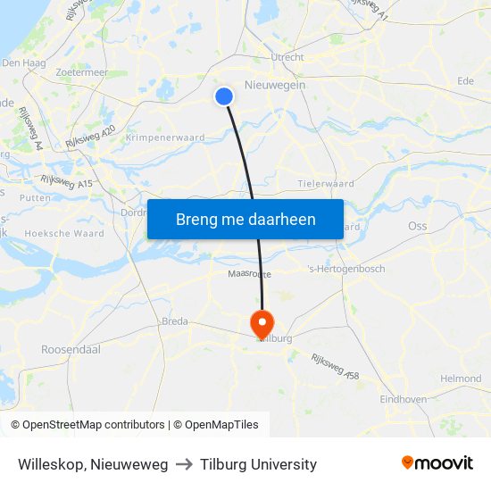 Willeskop, Nieuweweg to Tilburg University map