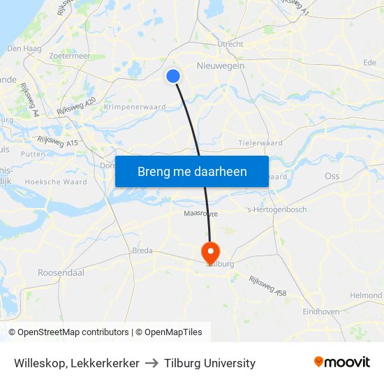 Willeskop, Lekkerkerker to Tilburg University map