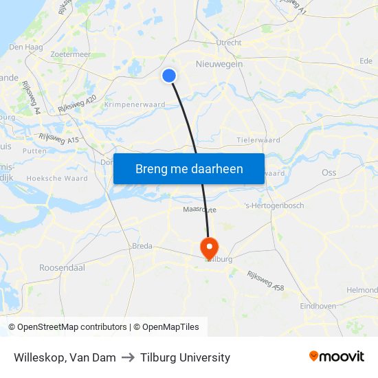 Willeskop, Van Dam to Tilburg University map