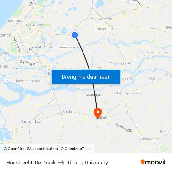 Haastrecht, De Draak to Tilburg University map