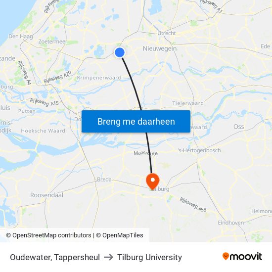 Oudewater, Tappersheul to Tilburg University map
