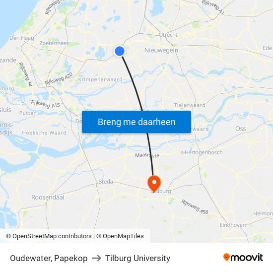 Oudewater, Papekop to Tilburg University map