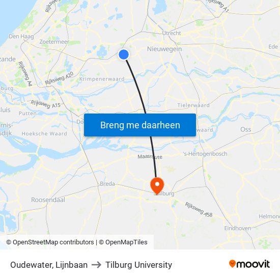 Oudewater, Lijnbaan to Tilburg University map