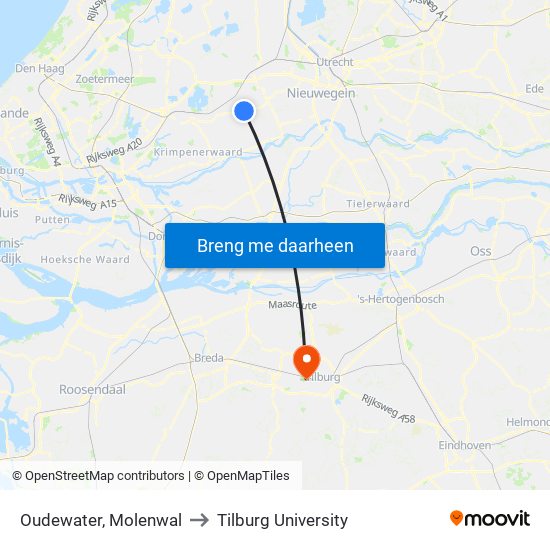 Oudewater, Molenwal to Tilburg University map