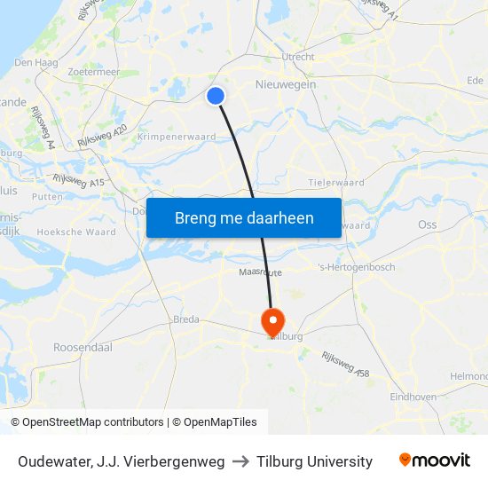 Oudewater, J.J. Vierbergenweg to Tilburg University map