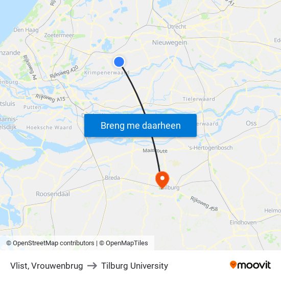 Vlist, Vrouwenbrug to Tilburg University map