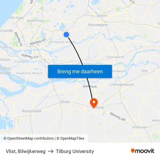 Vlist, Bilwijkerweg to Tilburg University map