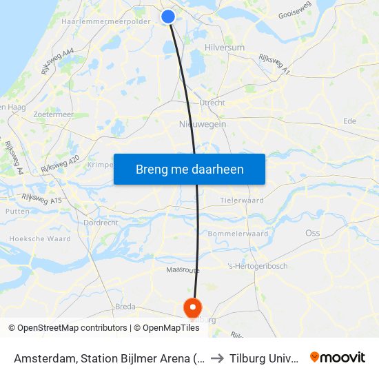 Amsterdam, Station Bijlmer Arena (Perron J) to Tilburg University map